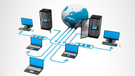 Networking graphic displaying computers with arrows connecting them